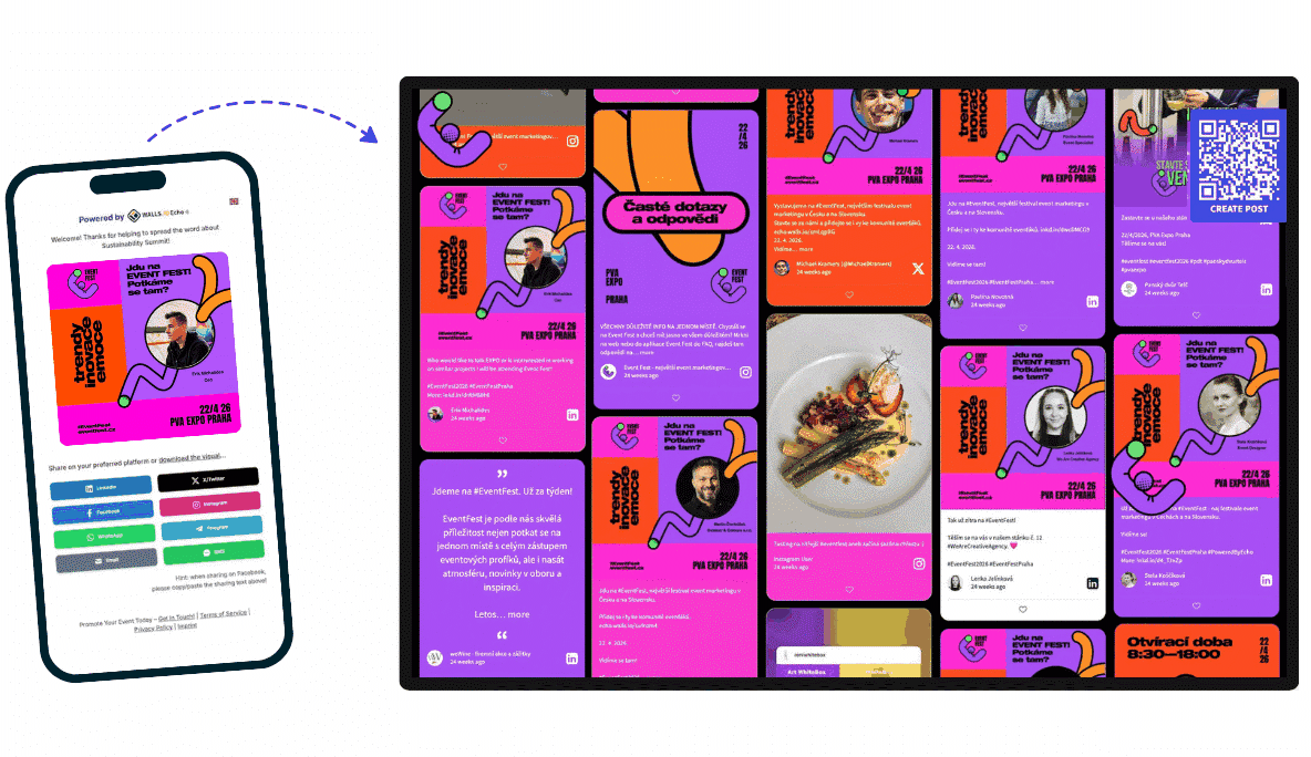 Página para compartir de Echo que alimenta un social wall de Walls.io con publicaciones de asistentes en una pantalla del recinto