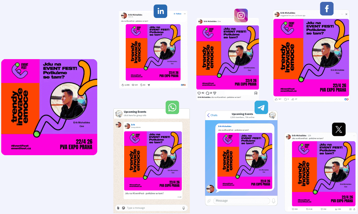Una tarjeta de evento con marca compartida en LinkedIn, Instagram, Facebook, WhatsApp, Telegram y X
