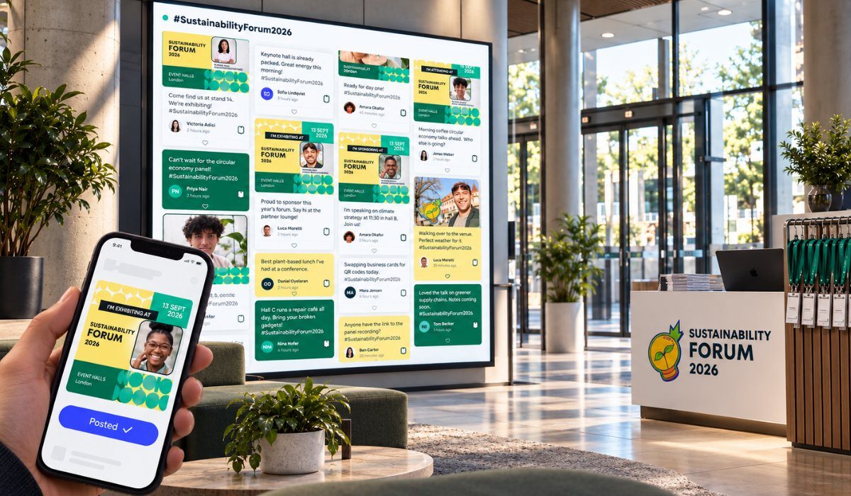 Post dei partecipanti condivisi con Echo mostrati su un social wall di Walls.io nella lobby della location dell’evento